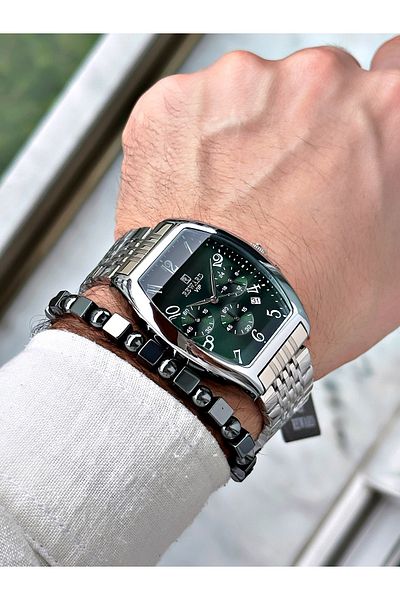Reward Men's Silver Colored Square Model Functional Wrist Watch and Gift Bracelet