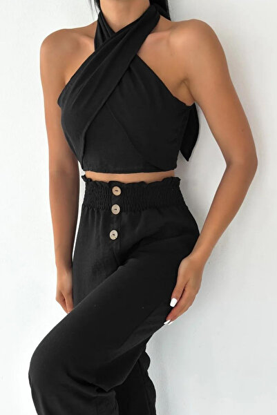 QUTTA Γυναικεία λινή μπλούζα με μαύρη λαιμόκοψη