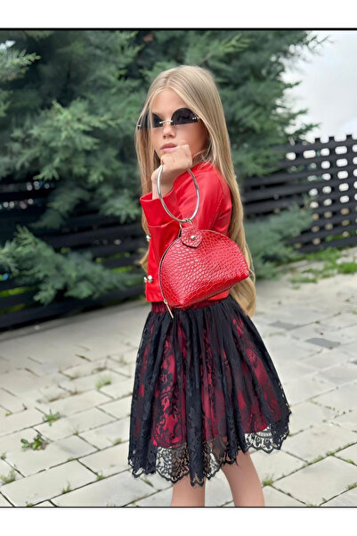 İndirimkusu Red Lace Detailed Leather Jacket and Bag Combination - Girl's Set