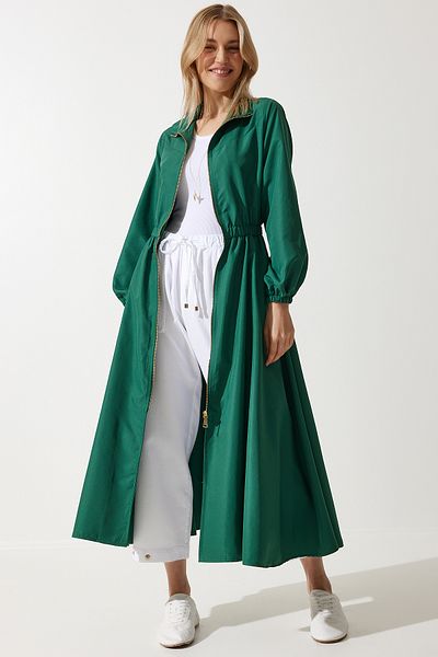 Happiness İstanbul Women's Green Zipper Seasonal Woven Dress Trench Coat DD01298