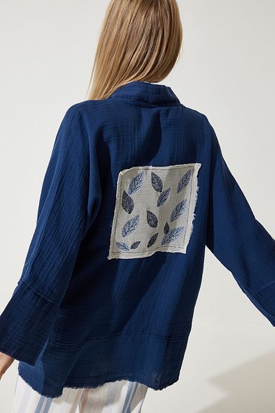 Happiness İstanbul Marineblauer Premium-Musselin-Kimono mit Blumenmuster für Damen RG00030