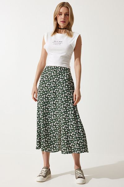 Happiness İstanbul Women's Khaki Black Floral Slit Summer Viscose Skirt MX00165