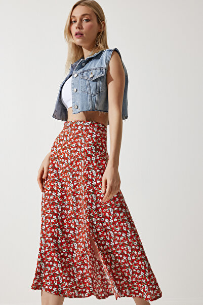 Happiness İstanbul Női csempe zöld virágos hasított nyári viszkóz szoknya MX00165