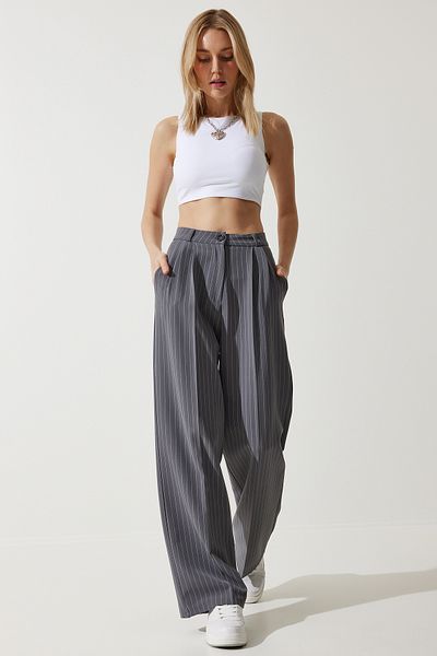 Happiness İstanbul Women's Gray Slim Striped Masculine Palazzo Pants DW00005