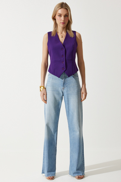 Happiness İstanbul Kadın Mürdüm Vücuda Oturan Kısa Dokuma Yelek  TO00048