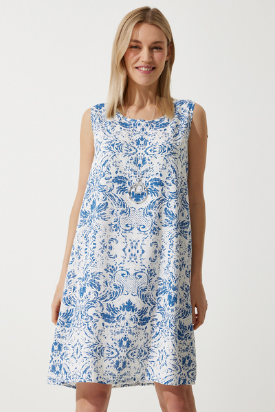 Happiness İstanbul Kadın Mavi Beyaz Desenli Keten Viskon Mini Elbise BH00343