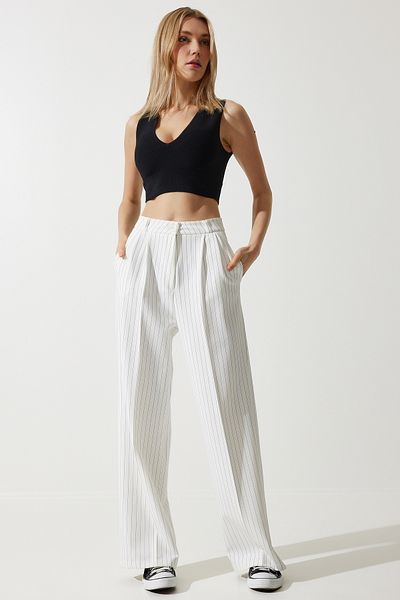 Happiness İstanbul Women's Broken White Thin Striped Masculine Palazzo Pants DW00005