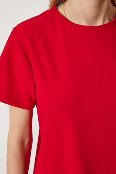 Happiness İstanbul Rotes Basic-Crêpe-Kleid mit Rundhalsausschnitt für Damen TO00136