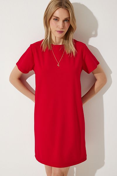 Happiness İstanbul Rotes Basic-Crêpe-Kleid mit Rundhalsausschnitt für Damen TO00136