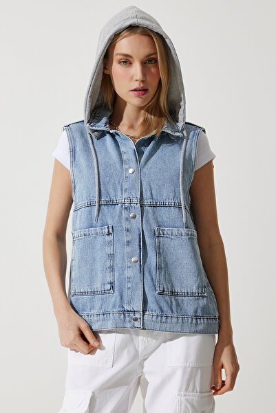 Happiness İstanbul Women's Medium Blue Hooded Wide Pocket Denim Vest RV00189