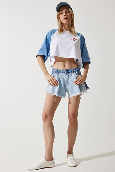 Happiness İstanbul Kadın Buz Mavi Püsküllü Mini Denim Şort HE00002