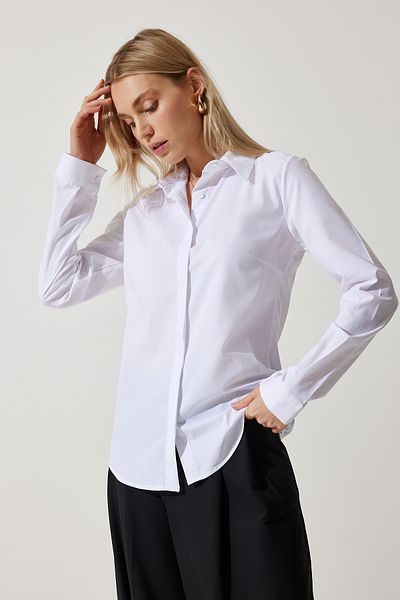 Happiness İstanbul Weißes Slim Fit Bürohemd aus Lycra-Popeline für Damen DY00003