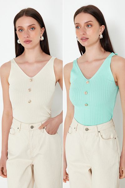 Trendyol Collection V-nyakú felső kötöttáru vékony blúz - kő és menta dupla csomag TWOSS24BZ00619