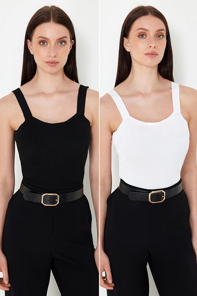 Trendyol Collection Fekete-Ecru Double Pack pántok Basic kötöttáru vékony blúz TWOSS24BZ00621