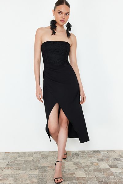 Trendyol Collection Μαύρο Δαντελένιο Λεπτομερές Υφαντό Κομψό Βραδινό Φόρεμα TPRSS24EL00182