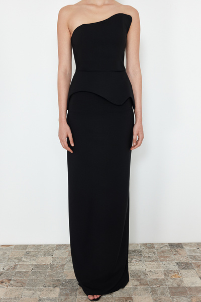 Trendyol Collection Černé tkané dlouhé stylové večerní šaty přiléhavé na tělo Tprss24Ae00171