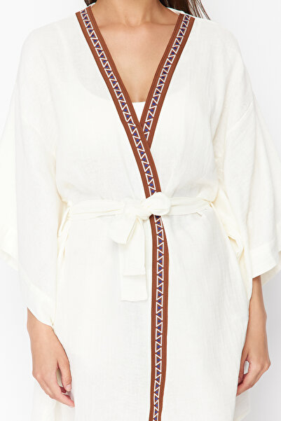 Trendyol Collection Ecru Belted Maxi Woven Muslin Beach Kimono & Kaftan TBESS24KM00028