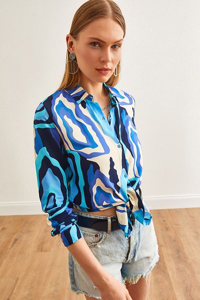 Olalook Cămașă din viscoză țesută cu model Wave Blue pentru femei GML - 19001204