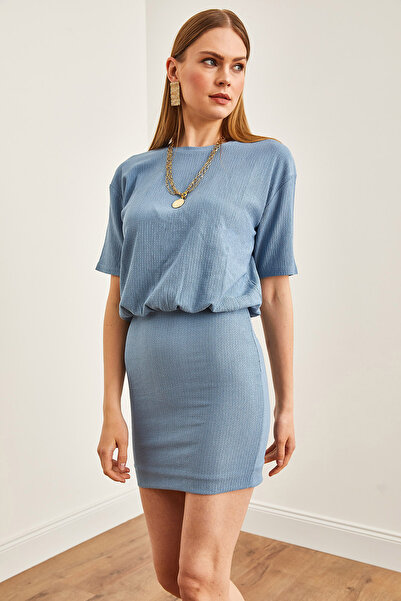 Olalook Kadın İndigo Eteği Çift Kat Mini Örme Elbise ELB-19002170