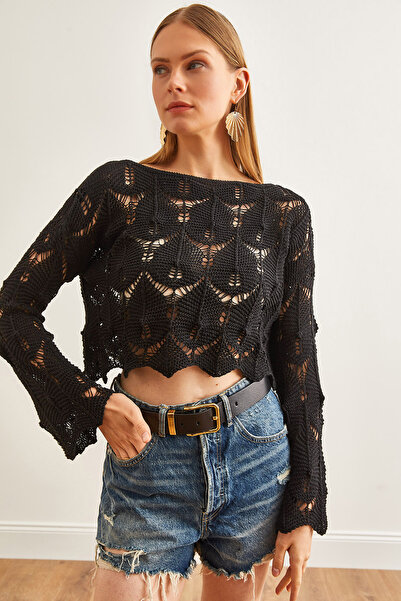 Olalook Schwarzer Damenrock mit weitem Kragen, gewellte Baumwollstrickbluse BLZ-19002501