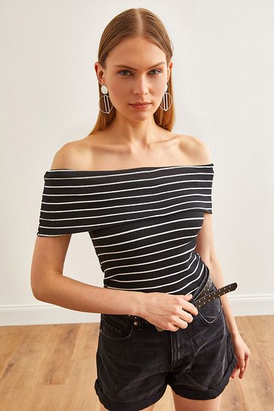 Olalook Γυναικεία ριγέ μαύρο γιακά Madonna μπλούζα Lycra BLZ-19002586
