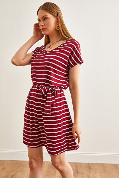 Olalook Kadın Çizgili Bordo Kuşaklı V Yaka Salaş Örme Viskon Elbise ELB-19002153