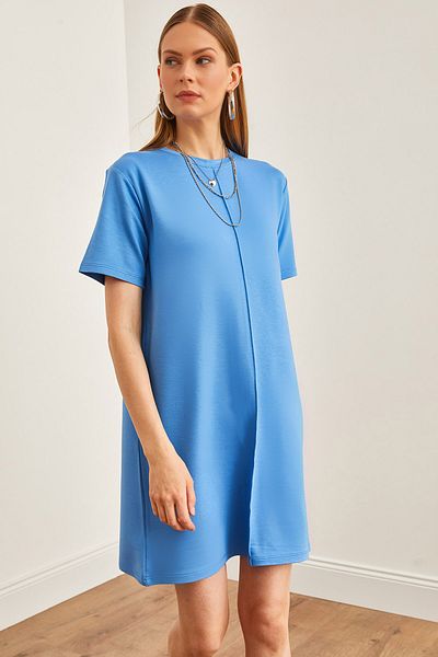 Olalook Rochie mini pentru femei albastră cu cusătură în față cu textura moale ELB-19002087