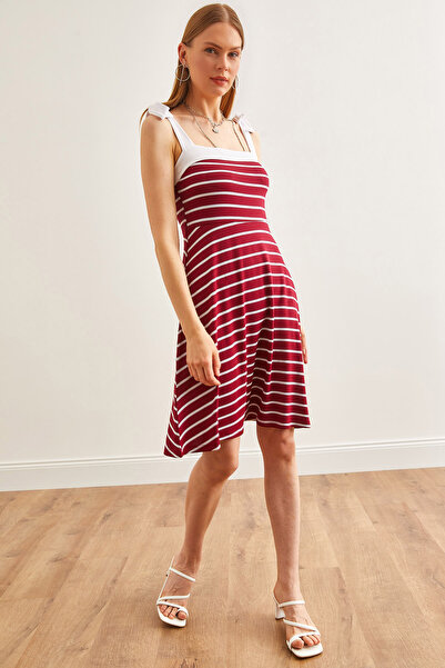 Olalook Women's Burgundy Striped Strap Tied Knitted Viscose Flared Dress ELB-19002154