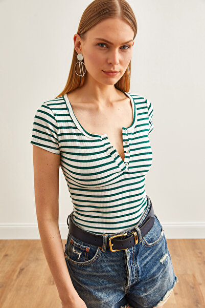 Olalook Γυναικεία μπλούζα καμίζα με χοντρές ραβδώσεις σμαραγδί πράσινη κουμπωτή BLZ-19000171