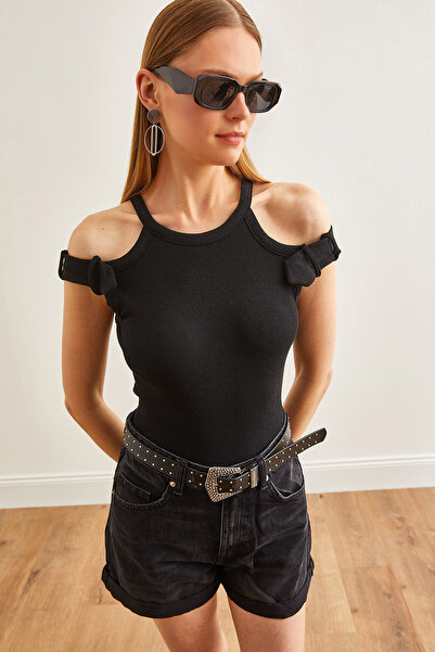 Olalook Dámská pružná bavlněná halenka s detailním ohlávkovým límcem přes rameno BLZ-19002637