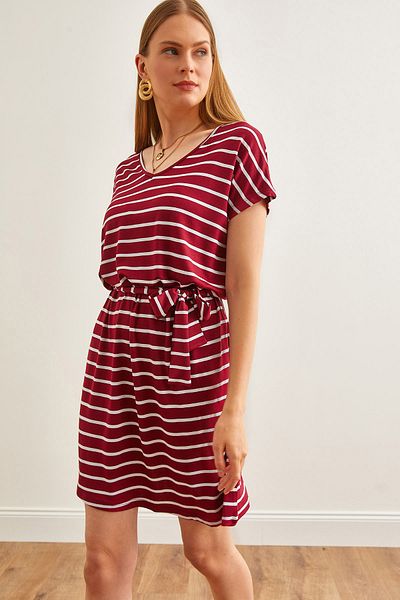 Olalook Gestreiftes, burgunderrotes, legeres Viskose-Strickkleid mit V-Ausschnitt und Gürtel für Damen ELB-19002153