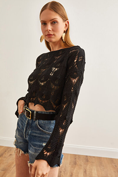 Olalook Schwarzer Damenrock mit weitem Kragen, gewellte Baumwollstrickbluse BLZ-19002501