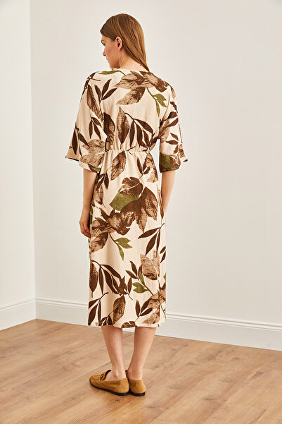 Olalook Дамска рокля с прилеп с цепки с еластична талия на листа и кафе ELB-19002171