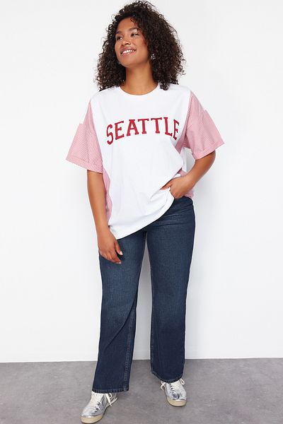 Trendyol Curve Oversize Red Striped Printed Cotton T-shirt - TBBSS24BF00017