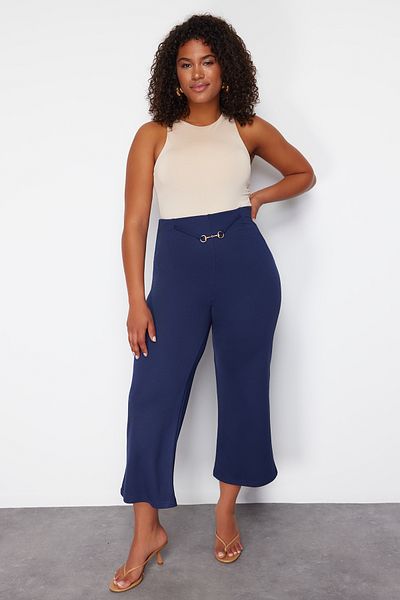Trendyol Curve Indigo Aksesusar Detailní široký střih pletené kalhoty TBBSS24AR00008