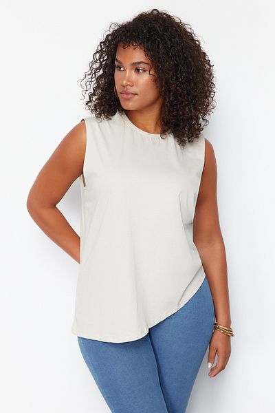 Trendyol Curve Steinfarbenes, asymmetrisches Strick-T-Shirt aus 100 % Baumwolle, nachhaltiger TBBSS24BF00052