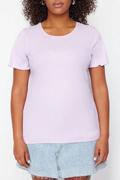 Trendyol Curve Lila košilka 100% bavlna žebrovaný pletený blůza větší velikosti Tbbss24Af00108