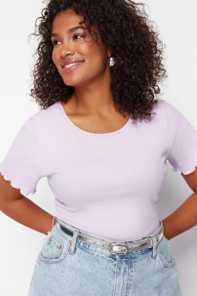 Trendyol Curve Lila košilka 100% bavlna žebrovaný pletený blůza větší velikosti Tbbss24Af00108