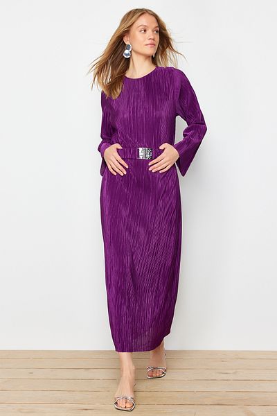 Trendyol Modest Lila Plissiertes Strickkleid und Gürtel - TCTSS24EB00154