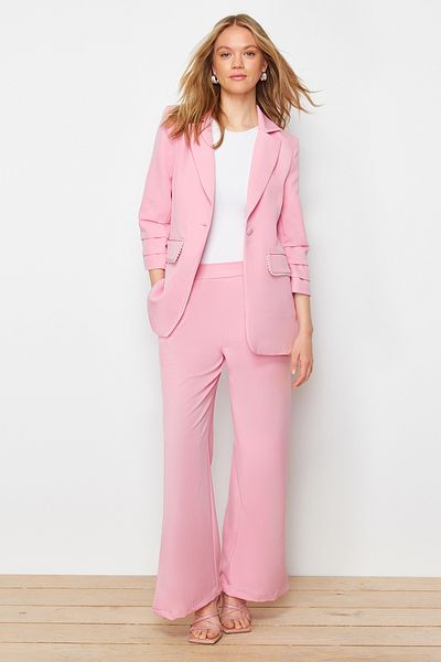Trendyol Modest Pink Pearl részletes krepp kabát nadrág szőtt alsó felső szett TCTSS24US00011