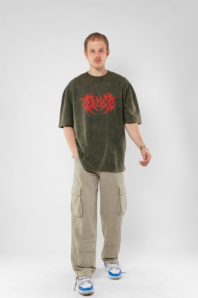 Sekizbiraltı Yıkamalı Yeşil Kırmızı Dusk Baskılı Oversize Unisex Tshirt