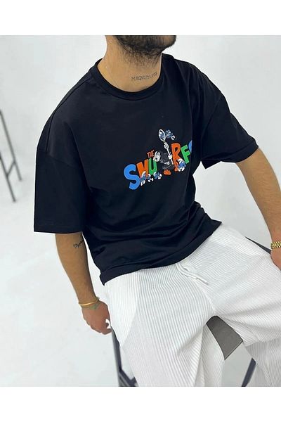 ufukmoda Unisex Black the Smurfs Smurfs Printed Oversize Crew Neck T-Shirt