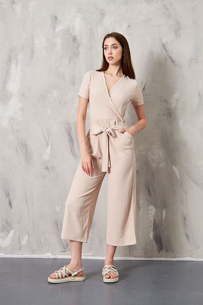SEVENLINE Belted Double-breasted Collar Wrapped Fabric Jumpsuit