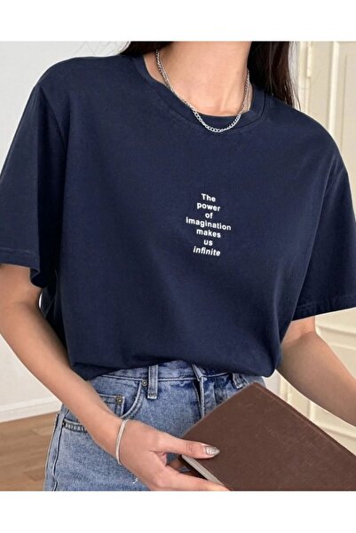 BETİLİNA تي شيرت POWER باللون الأزرق الداكن ذو القصة الواسعة