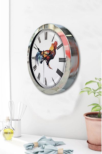 Kasva Concept Gift 36 cm Chrome Metal Rooster Wall Clock