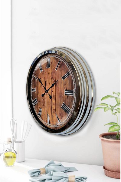 Kasva Concept Gift 40 cm Chrome Metal Wooden Look Wall Clock Gift