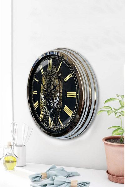 Kasva Concept Gift 40 cm Chrome Metal Cheetah Wall Clock