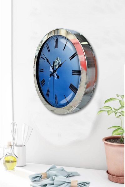 Kasva Concept Gift 36 cm Chrome Metal Blue Wall Clock