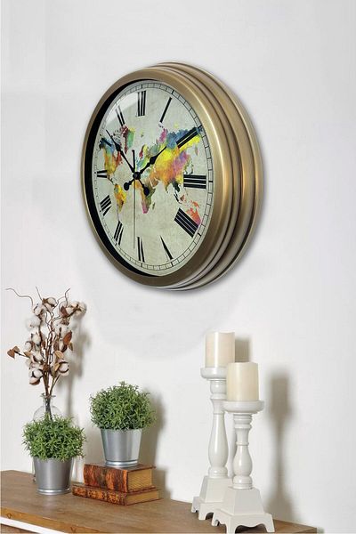 Kasva Concept 40 cm Antique Metal World Map Wall Clock