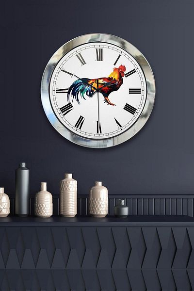 Kasva Concept Gift 36 cm Chrome Metal Rooster Wall Clock